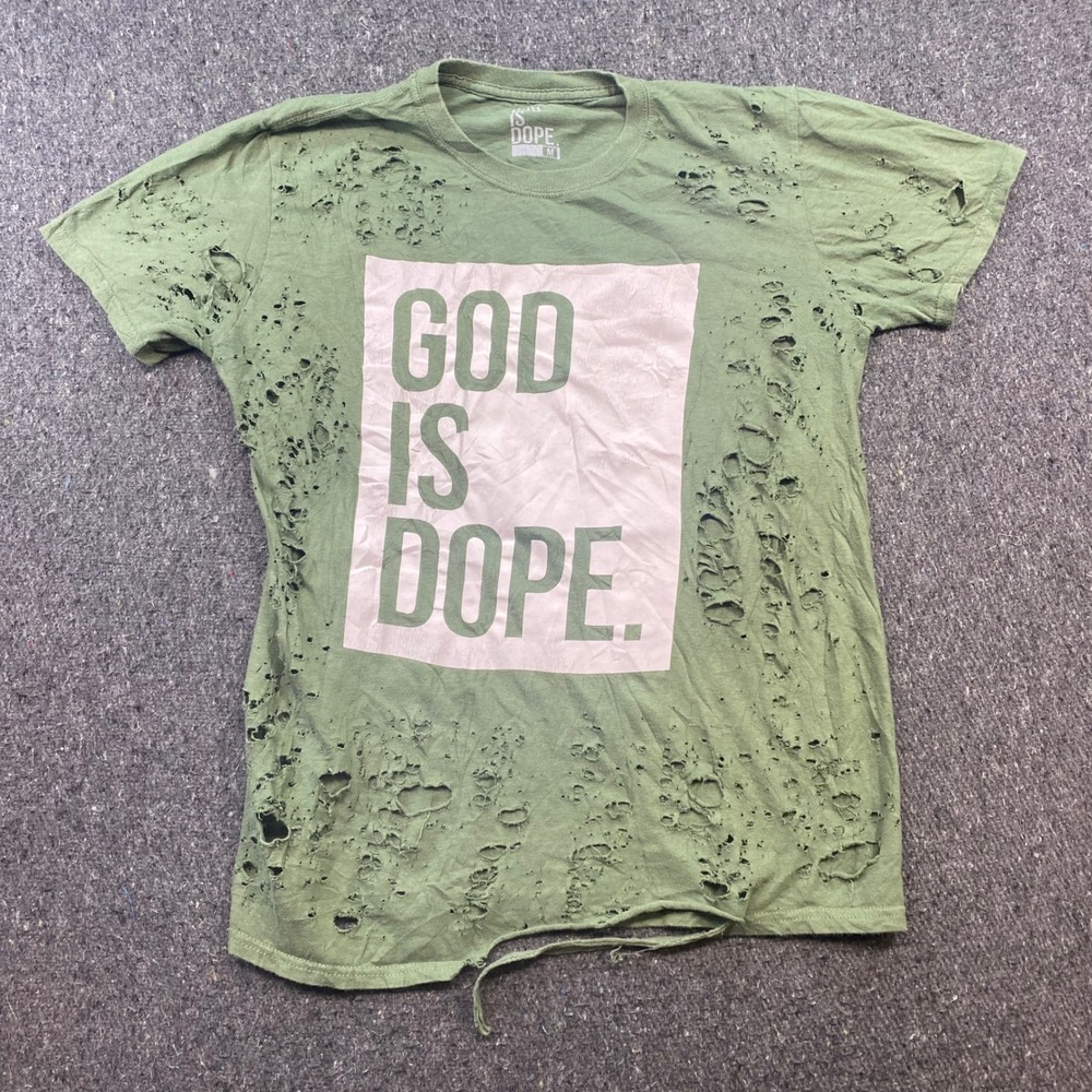 God Is Dope TShirt Sz M Mens Green Streetwear Grunge Heavily Distressed Graphic